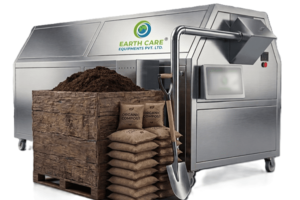 Industrial composting machine labeled Earth Care with bags of organic compost and a pile of soil on a pallet, plus a shovel in front.