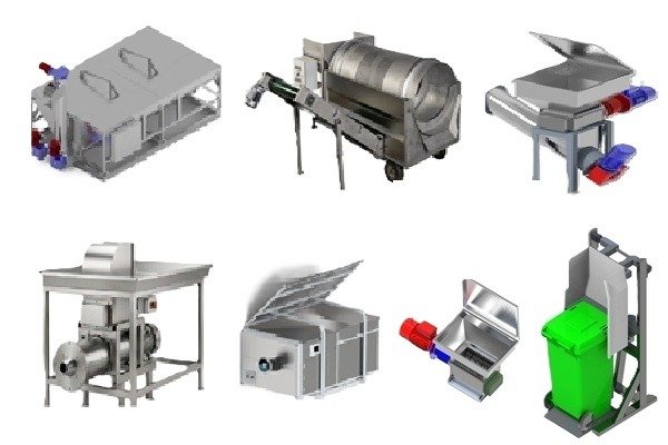 Collage of eight stainless steel food-processing machines (slicer, grinder, mixer, and related equipment).